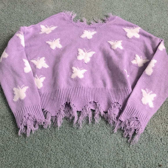 Cute Just Polly Purple Butterfly Cropped Distressed Sweater - Picture 9 of 11